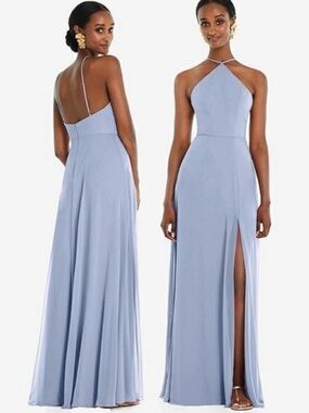 NWT Lovely Dessy Group Lux Chiffon Diamond Halter Maxi Gown Dress LB035 Sky Blue